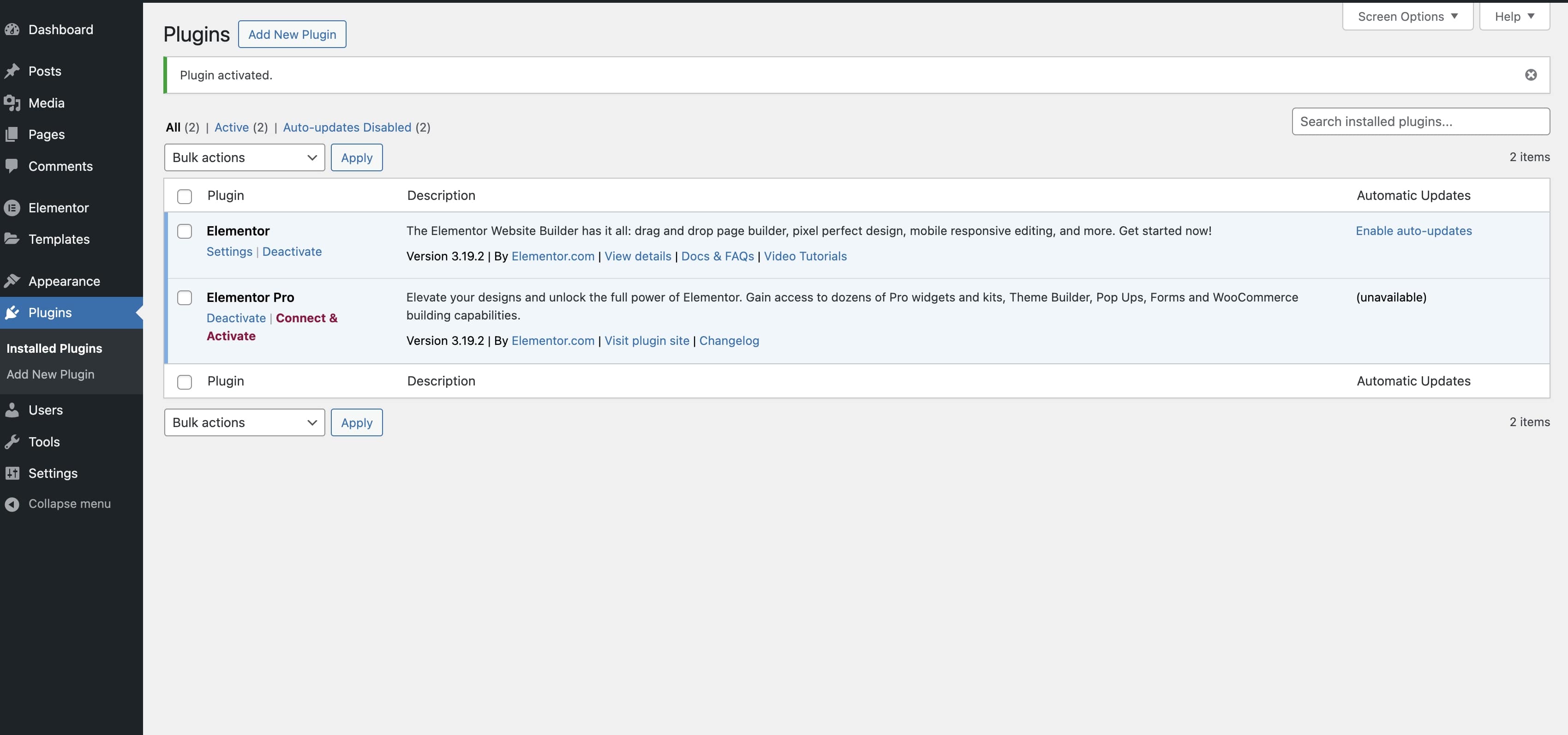 Elementor Plugins Installed